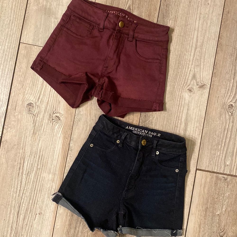 AMERICAN EAGLE Two Pair of SIZE 0 super Stretch High Rise Shortie
